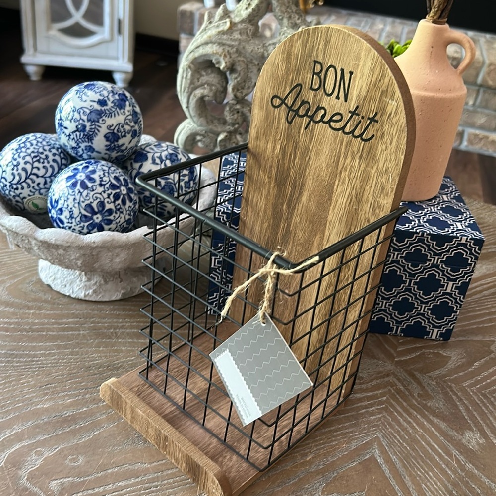 NEW! French Shabby Chic Cottage Wood & Black Metal Utensil Flatware Caddy